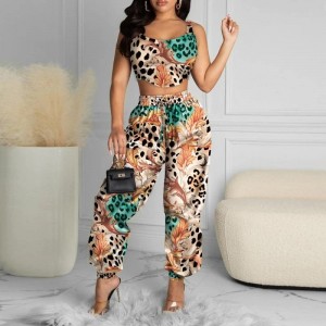Leopard Two Piece Set Women Tank Crop Tops And High Waist Pant Suits 2021 Summer New Sexy Streetwear 